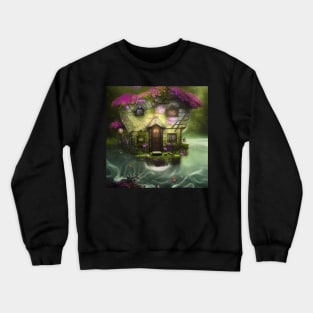 Sparkling Fantasy Cottage with Lights and Glitter Background in Forest, Scenery Nature Crewneck Sweatshirt